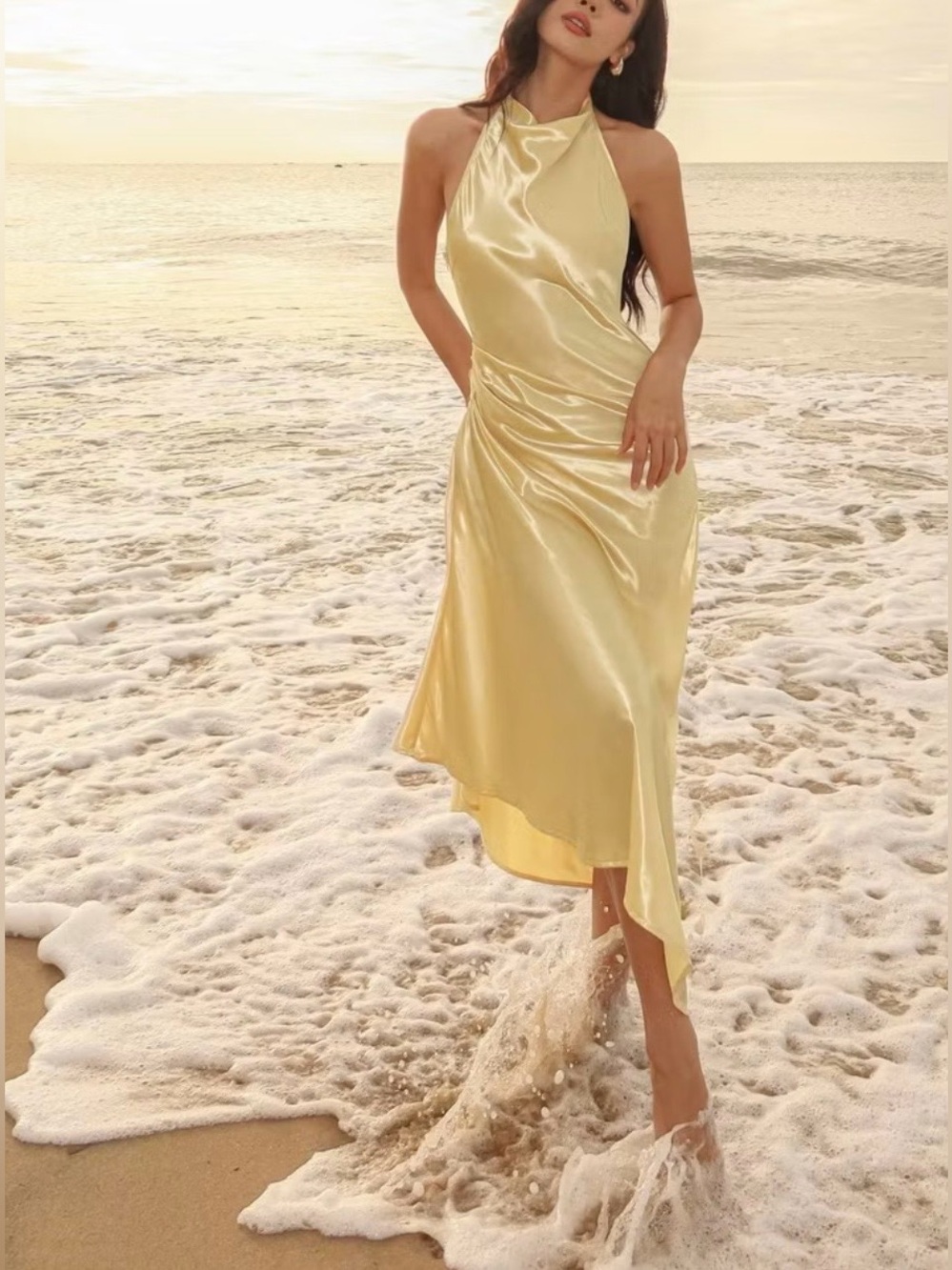 NWT Premium Italian Silk backless maxi halter dress In pastel yellow size XS